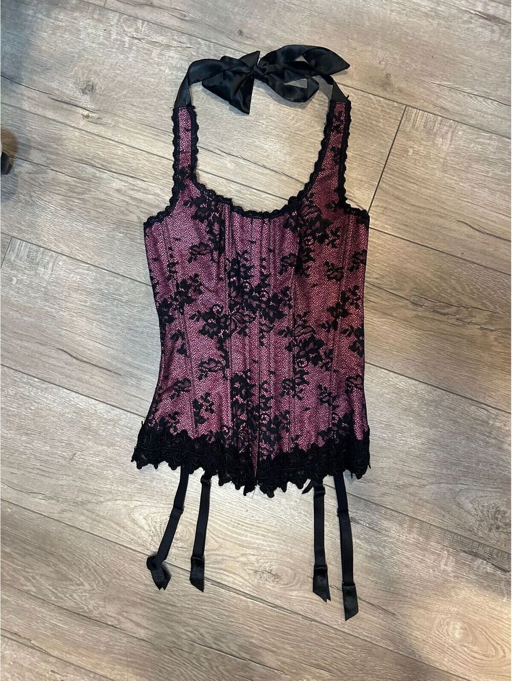 Y2K Frederick's of Hollywood Purple Lace Halter Corset Top